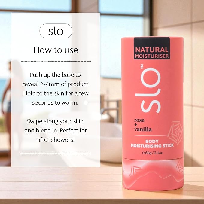 Slo Natural Moisturizing Stick | Body Balm for Dry Skin with Organic Ingredients | Hydrating + Nourishing | Coconut, Cocoa Butter & Antioxidants | Travel-Friendly | Rose + Vanilla | 2.11oz/60g