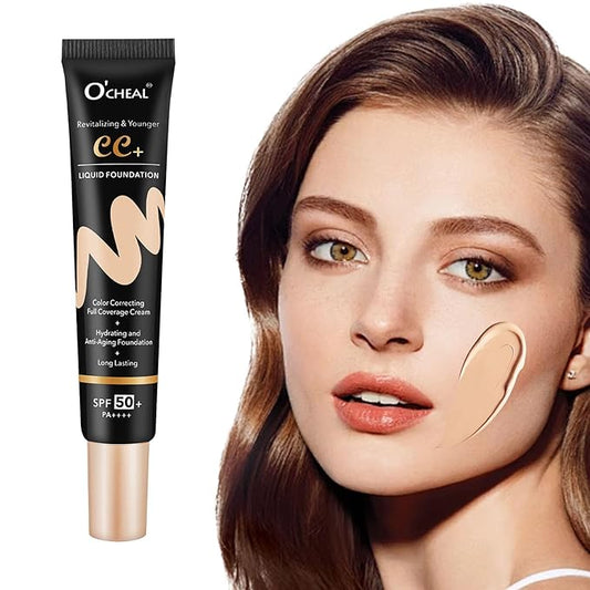 O'CHEAL CC Cream with SPF 50+, Hydrating Color Correcting Cream Full Coverage Lightweight Powder Foundation, Waterproof Long Lasting Pre-makeup Primer Facial Concealer Refine Skin Texture (Natural)