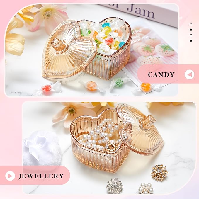 Tioncy 3 Pcs Large Body Powder Puff and Container Powder Container with Puff Crystal Case Soft Washable Reusable Velour Face Body Glitter Wet Dry Makeup(Heart,Amber)