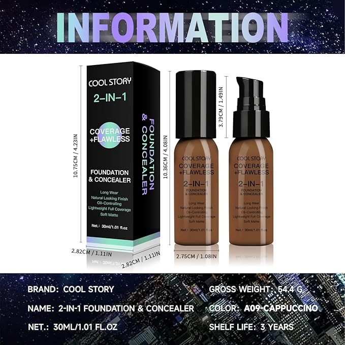 2-in-1 Foundation and Concealer Long Wear Natural Matte Finish Lightweight Coverage (Cappuccino)