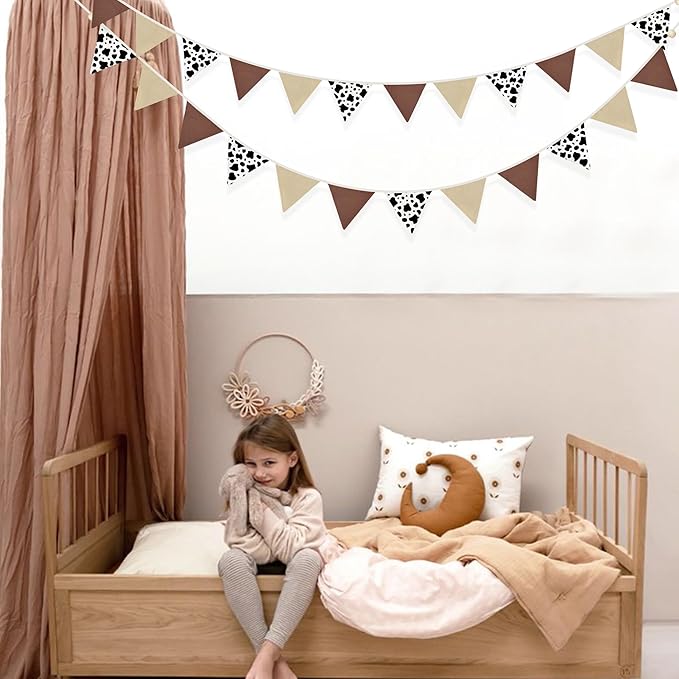 2 Sets of Cow Party Decorations Nursery Garland 24Pcs Brown Western Cowboy Fabric Linen Baby Banner Triangle Pennant Flags for Cowgirls Rodeo Birthday Country Baby Shower Derby Day Go Wild West Decor