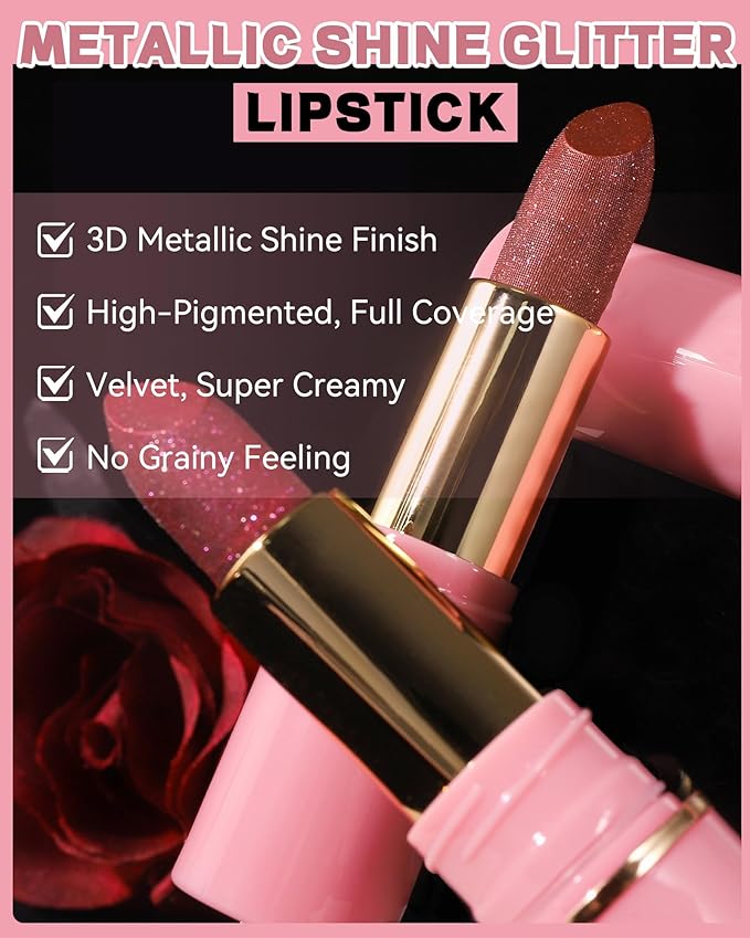 Metallic Nude Pink Glitter Lipstick Long Lasting,Glitter Lipstick Diamond Shimmer Lip Gloss for Women,Transfer Proof Non-Stick Lipgloss Highly Pigmented Full Coverage Red Lip Color Makeup Gift-02
