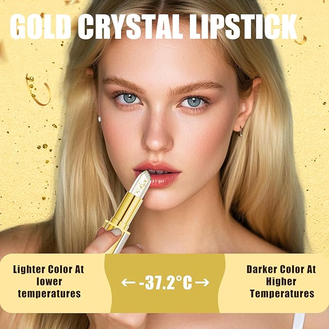 Transferproof Color Changing Lipstick, Color Changing Lipstick for Women, Gold Crystal Ph LipstickColorChanging, Magic Temperature ChangingColorLipstick, Long Lasting 24 Hours Moisturizing