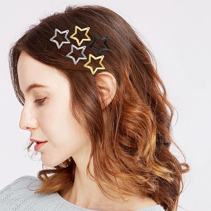 Star Hair Clips 2000s Y2K Snap Hair Barrettes Non Slip Star Hair Accessories Black Gold Silver Metal Hair Clips for Girls Women -30 PCS 1.18"