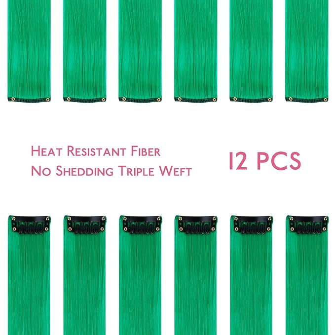 WENNALIFE 12 PCS Green Hair Extensions Clip in, Colored Clip in Hair Extensions for Kids Highlights Rainbow Hair Clips for Girls Synthetic Straight Pop-up Style Colorful Festival Girl Hair Accessories