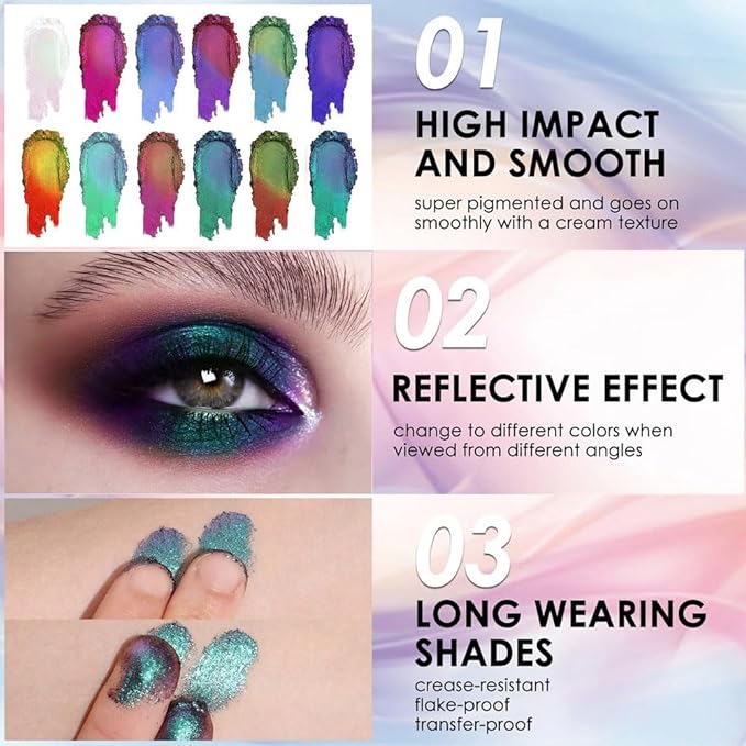 evpct Pale Green to Pink Chameleon Eyeshadow Palette, Color Changing Loose High Pigment Shimmer Metallic Rainbow Eyeshadow Makeup Pallet, Green Pink Holographic Multichrome Eyes Highlighter