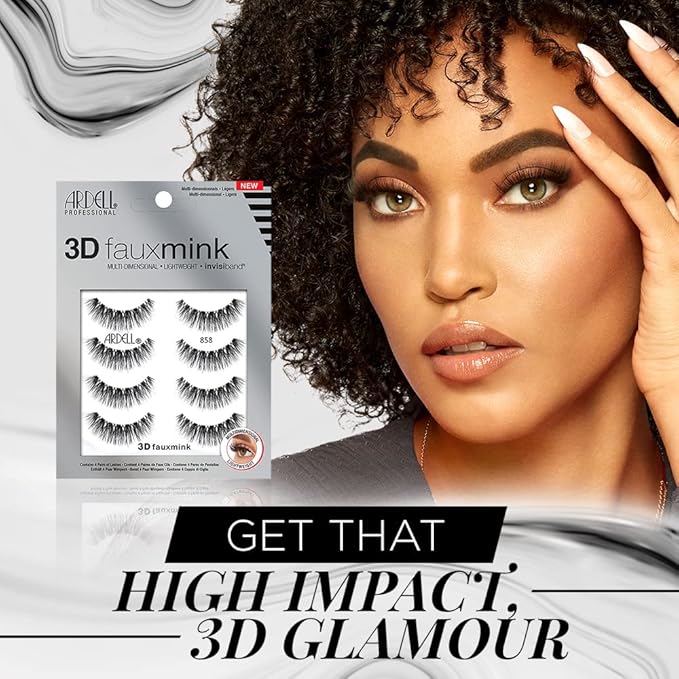 Ardell 3D Faux Mink Lashes 858 - Lightweight False Eyelashes with Invisiband, Reusable Strip Lashes, 4 Pairs