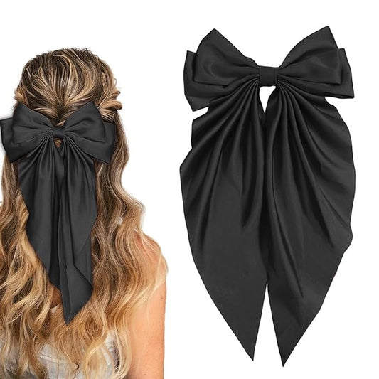 Silky Satin Women's Hair Bows with Long Tail Bowknot for Hair Clips, Accessories and Gifts (Black)