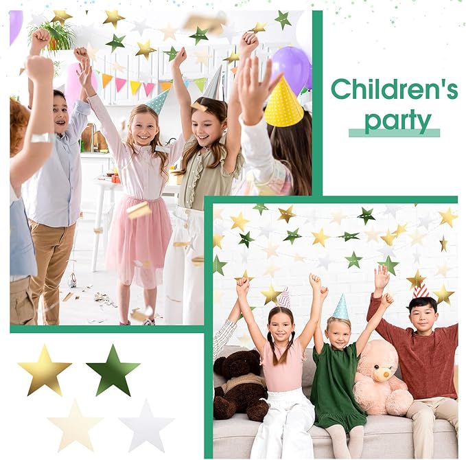 Patelai Glitter Star Garland Banner New Years Decor 130 Feet Star Hanging Banner Twinkle Backdrop for Birthday Classroom Wedding Halloween Christmas Party Supplies(Sage Green, Gold, White)