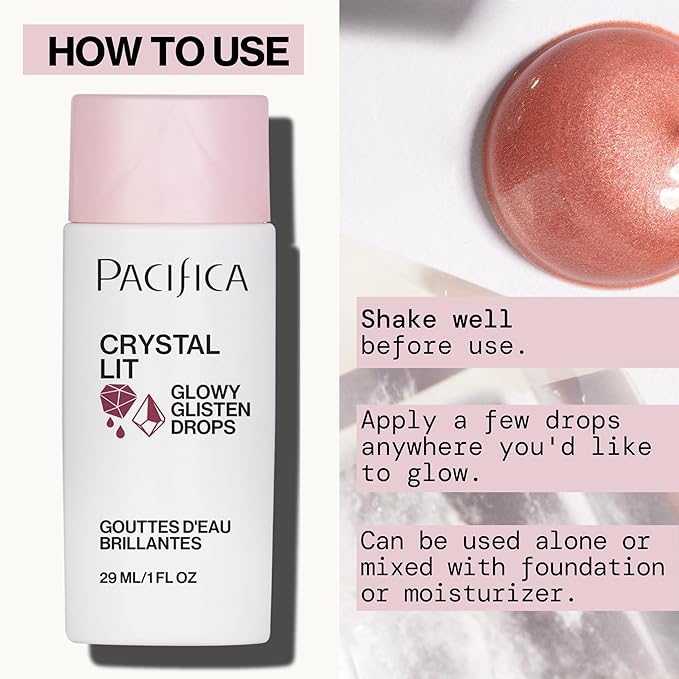 Pacifica Crystal Lit Glowy Glisten Drops – Face Makeup - Shimmery Multi-Use Liquid Blush/Highlighter for Radiant, Dewy Cheeks Luminous Glow Clean Beauty Vegan & Cruelty-Free Dermatologist Tested