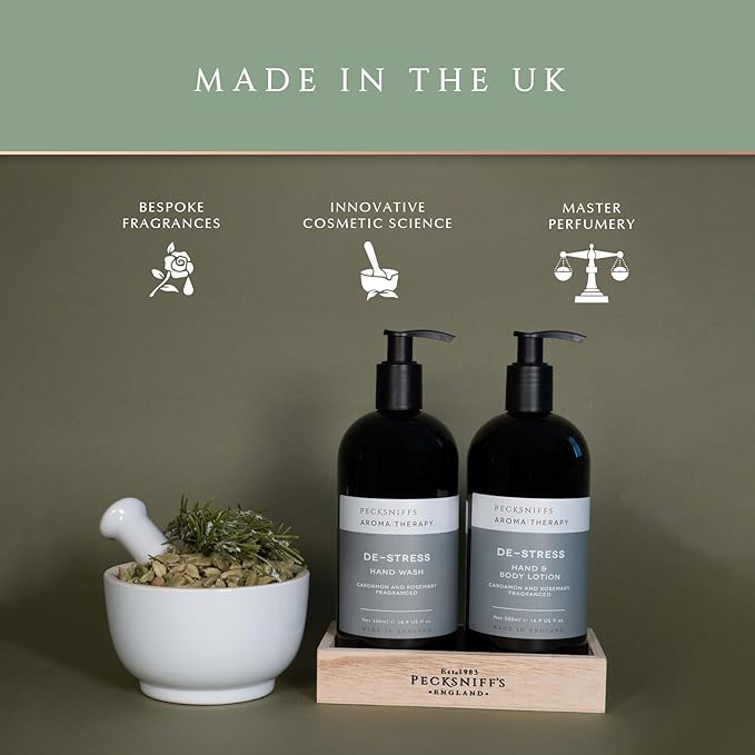 Pecksniff's Aroma:Therapy De-Stress Duo Caddy, 500 ml/16.9 fl oz Hand Wash and 500 ml/16.9 fl oz Hand & Body Lotion