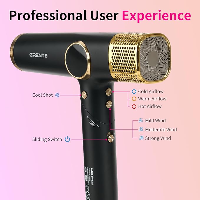 Portable Hair Dryer, 110,000 RPM Diffuser Hair Dryer, 400M Negative Ion, 6.5ft Cord, 4 Heat Settings & 3 Speed, Ionic Hairdryer with Concentrator Nozzle Diffuser for Curly Hair, for Women Men, Black