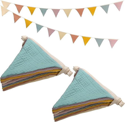 2PCS Pennant Banner Flags, Fabric Bunting Banner Nursery Garland Decor, Baby Shower Garland, Triangle Flags for Baby Boy Room, Playroom, Boho Birthday Party Decor, Each 7.75 ft (Vintage Color)