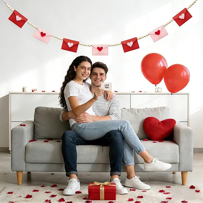 Valentines Day Decorations, Felt Heart and Envelope Garland with Wooden Beads, Valentines Day Garland for Mantle, Heart Decorations, Banner, Fireplace, Wall, Party (Openable Envelope)