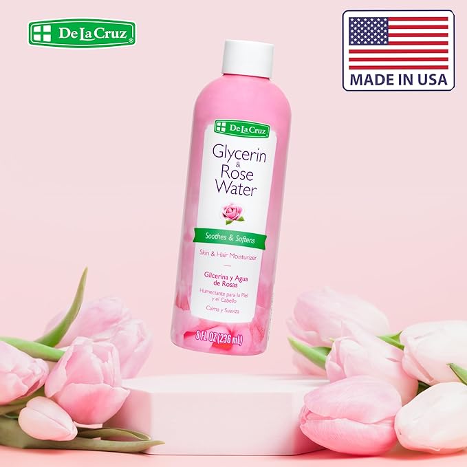 De La Cruz Rose Water and Glycerin for Face - Rosewater Facial Toner and Moisturizer for Skin and Hair 8 fl oz. (236 mL) - 1 Bottle