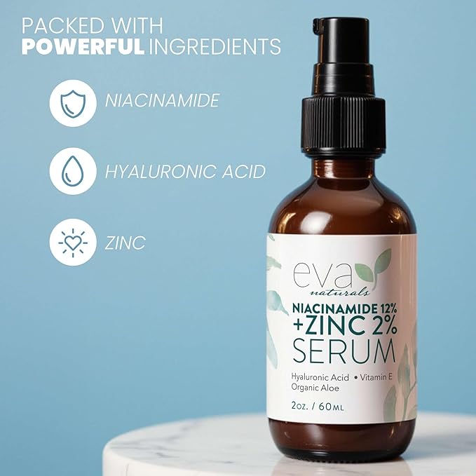 Eva Naturals Niacinamide 12% + Zinc Serum for Face – Dark Spot Remover, Pore Minimizer, Redness Relief, Hydrating Vitamin B3 with Botanical Hyaluronic Acid, Anti-Aging Serum for Clear Skin (2 Pack)