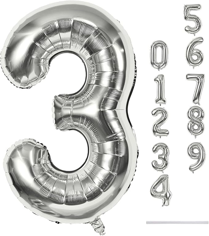 Silver 3 Balloons, 40 Inch Giant Helium Foil Number 0-9 Silver 3rd Birthday Balloon for Boys Girls, Self Inflating Digit 3 Balloons for Women Men Anniversary New Year Party Decorations Supplies