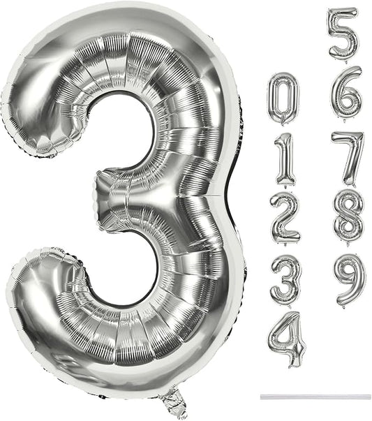 Silver 3 Balloons, 40 Inch Giant Helium Foil Number 0-9 Silver 3rd Birthday Balloon for Boys Girls, Self Inflating Digit 3 Balloons for Women Men Anniversary New Year Party Decorations Supplies