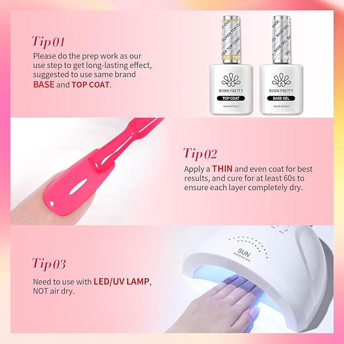 Born Pretty Neon Gel Nail Polish Spring Summer Hot Pink Green Blue Yellow Bright Rainbow Candy Sweet Color Gel Polish Kit Nail Art Manicure DIY Home Salon 6PCS