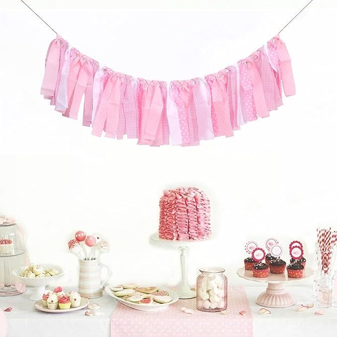 Pink and White Gingham Banner/Garland - Pink Gingham Banner for Baby Shower,First Birthday High Chair Bunting for Girl,Wall Hanging, Nursery Decor