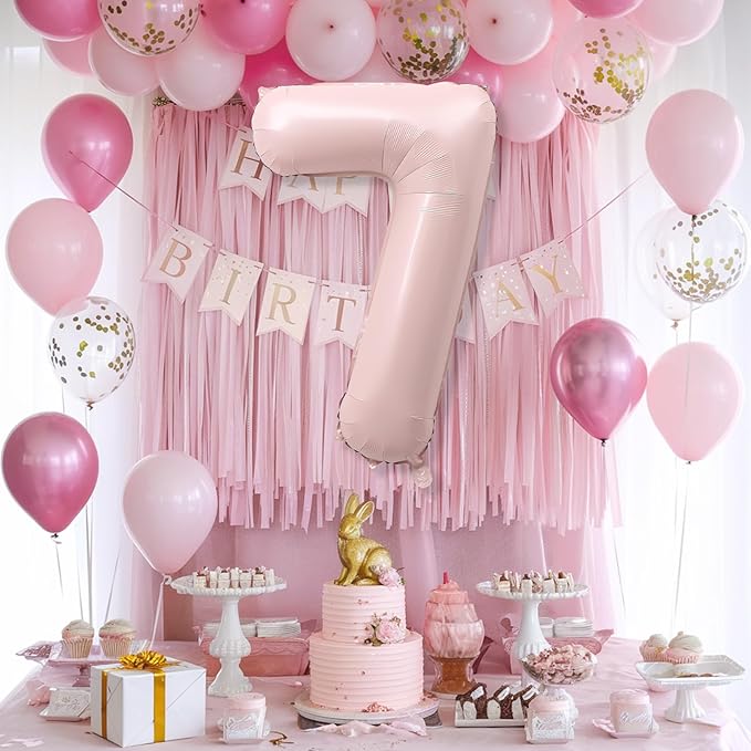 7th Birthday Balloons for Girls, 40'' Foil Self Inflating Light Baby Pink Number 7 Balloon, Pastel Dusty Blush Pink Large Mylar 7 Balloon Number for Kids Birthday Party Decor Anniversary Decorations