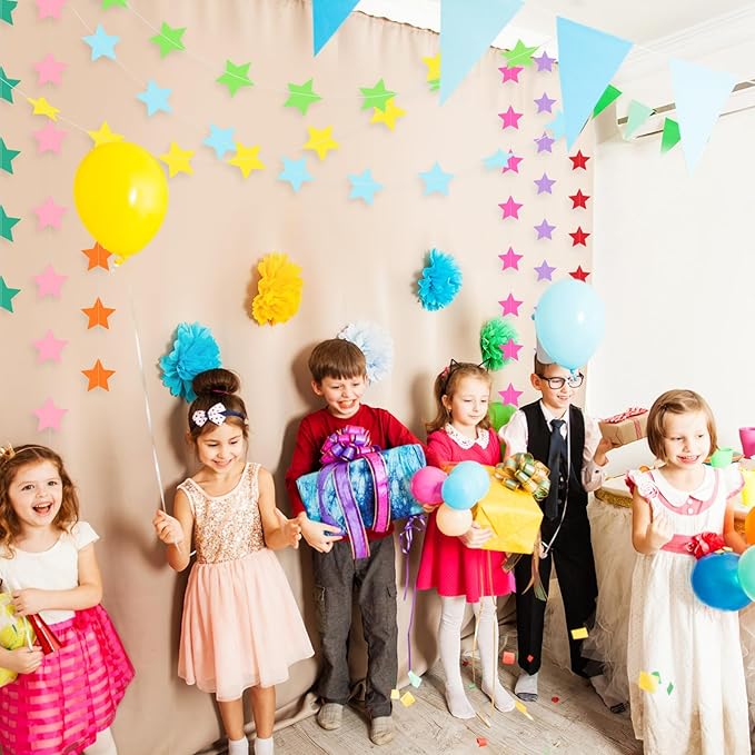 Patelai Glitter Star Garland Banner New Years Decor 130 Feet Star Hanging Banner Twinkle Backdrop for Birthday Classroom Wedding Halloween Christmas Party Supplies(Rainbow)