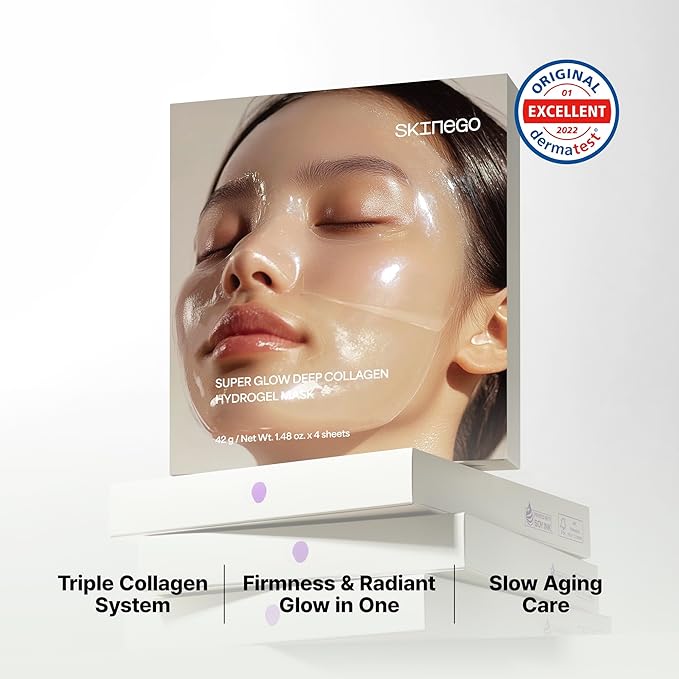 Super Glow Deep Collagen Hydrogel Mask 1.48 oz × 4 Sheets, 5,000,000ppb Hydrolyzed Collagen, Elasticity, Wrinkle Care & Radiance, Overnight K-Beauty Mask (4 Count (Pack of 1))