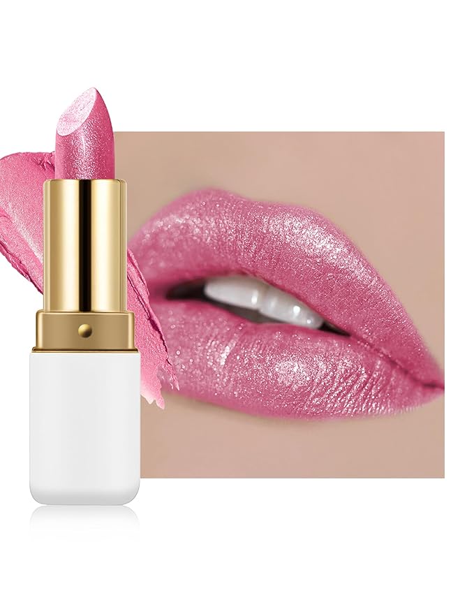 Diamond Glitter Lipstick, Pink Shimmer Matte Metallic Lipstick, High Pigment Waterproof Long Lasting Lip Gloss, Shiny Non-Sticky Creamy Lip Stain, Christmas Lip Makeup Festival Gift for Women Girl-12