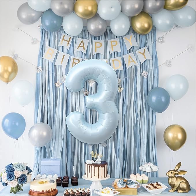 3rd Birthday Balloons for Boys, 40'' Foil Self Inflating Light Matte Blue Number 3 Balloon, Pastel Sky Blue Large Mylar 3 Balloon Number for Kids 3 Yeal Old Birthday Party Decor Anniversary Decoration