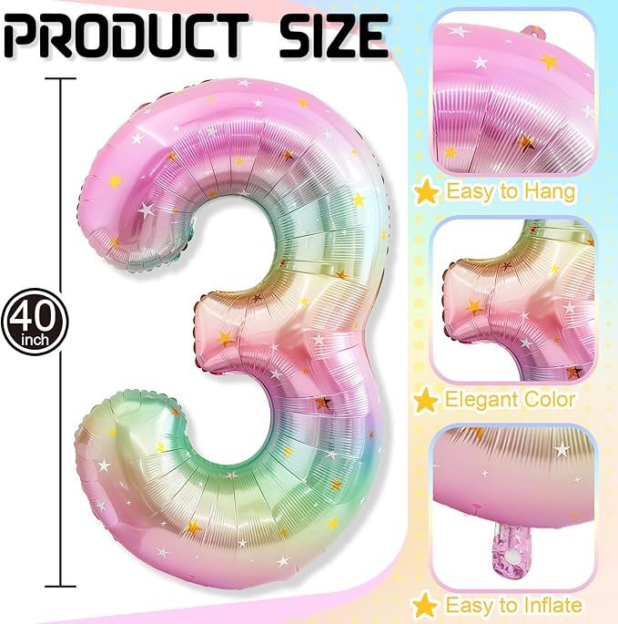 3rd Birthday Balloons for Girls, 40‘’ Foil Self Inflating Rainbow Stars Number 3 Balloon, Large Colorful Multicolor 3 Balloon Number for Kids 3 Yeal Old Birthday Party Decor Anniversary Decorations