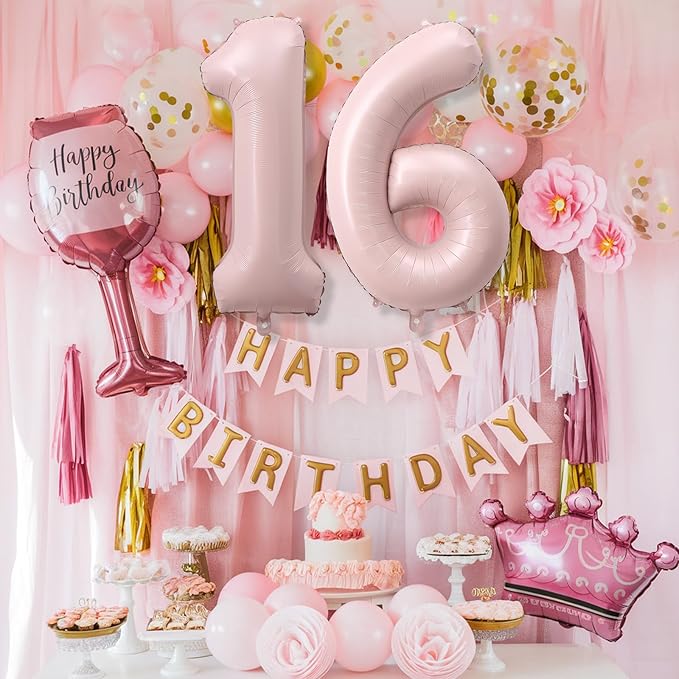 40 Inch 16 Balloon Number, Large Pastel Blush Baby Pink Foil Number 16 Balloons Birthday Party Decor, Light Dusty Pink Helium Self Inflating Balloon for Girl Women 16th Birthday Anniversary Decoration