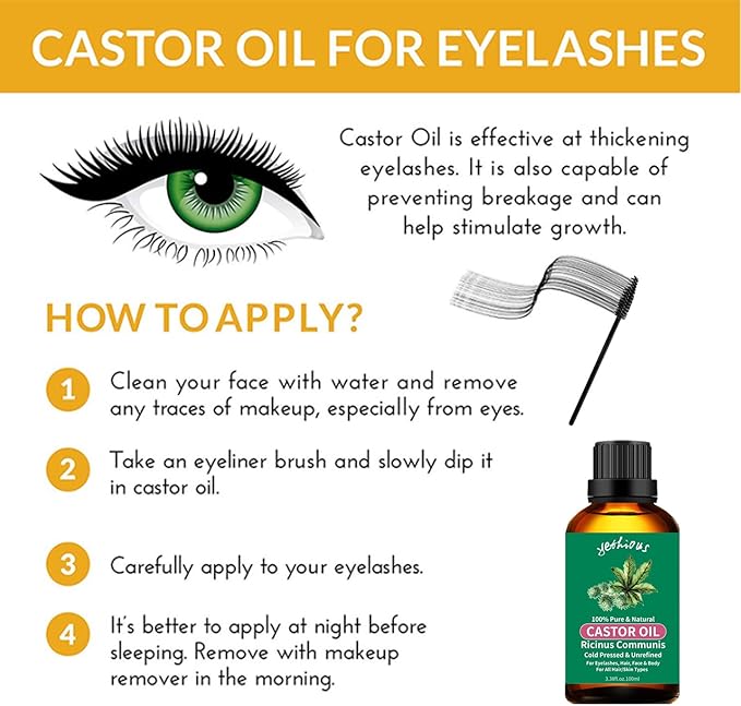 yethious Castor Oil Organic Cold Pressed Unrefined Growth for Eyelashes, Eyebrows, Hair. Skin Moisturizer & Hair Treatment Starter Kit