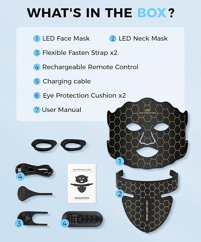 Yahi LED Face Mask Light Therapy, Red Light Therapy for Face, 7-1 Colors LED Facial Skin Care Mask, 175 High-Density Light Beads, Black