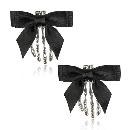 2 Pcs Halloween Skeleton Hand Hair Clips with Bowknot Cute Skull Hand Hair Clip for Women Party Cosplay Hair Accessories
