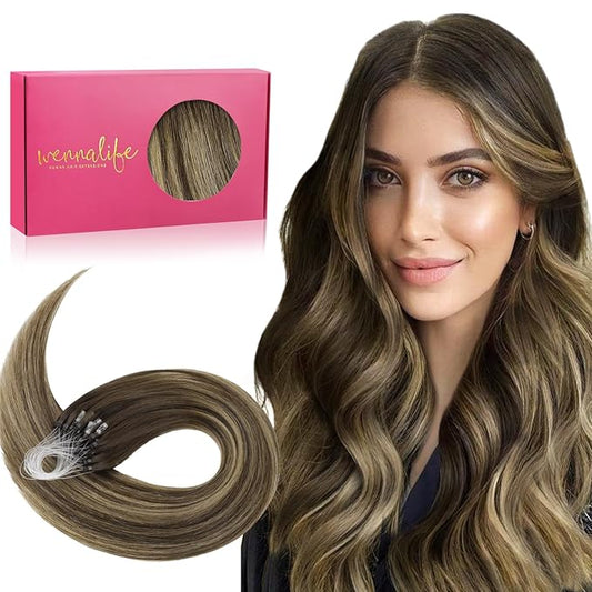 WENNALIFE Microlink Hair Extensions Human Hair, 50g 50s 22 Inch Balayage Chocolate Brown to Caramel Blonde Remy Micro Bead Hair Extensions Real Human Hair Micro Loop Micro Ring Hair Straight Microlink