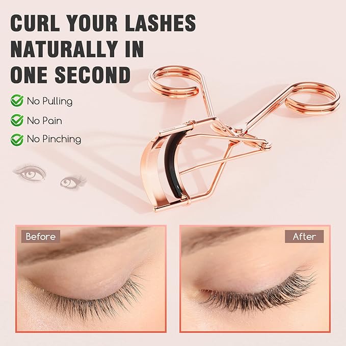 Eyelash Curler with Comb, Professional Volumizing Lash Lift Kit Lash Curler with Refill Pads for Home & Travel Uses, Rose Gold