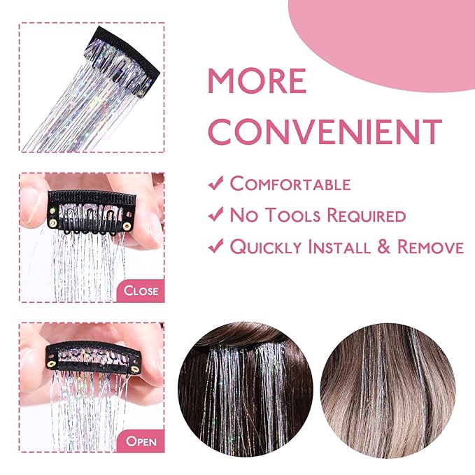 WENNALIFE Hair Tinsel Clip In for Girls Silver, 12pcs 24 inch Clips Tinsel Hair Extensions Clip in Colorful Glitter Clips Sparkle Fairy Hair Accessories for Kids