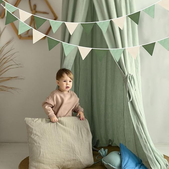 2 Sets of Sage Green Pennant Banner 24Pcs Nursery Garland Flags Olive Green Fabric Linen Triangle Streamers for Baby Room Decor Kids Jungle Safari Summer Birthday Baby Shower Boho Party Decorations