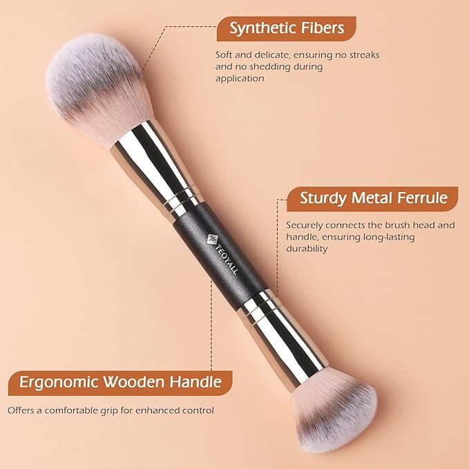 TEOYALL Dual-Ended Setting Powder Brush, Plush Fluffy Synthetic Bristles for Loose Bronzer Contour