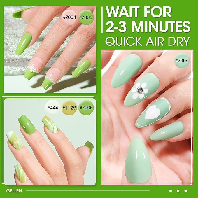 GELLEN Spring Summer Regular Nail Polish Non Gel, Fast Air Drying Traditional Nail Polish No UV Light Needed, Nude Green Set for Women Manicure Home Salon St. Patricks Day, Hema Free, 10ml
