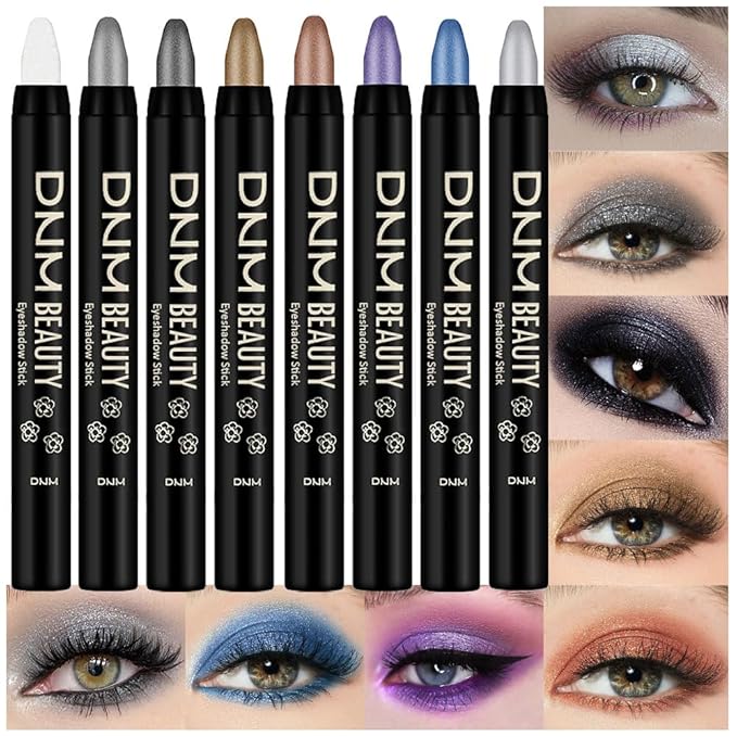 8Pcs Cream Eye Shadow Brightener Sticks Set for Eyes, Pearl White Smokey Black Gray Khaki Royal Blue Violet Purple Silver, Halloween Makeup, Matte Shimmer Eye Shadow Pencil Pen Crayon Waterproof 01