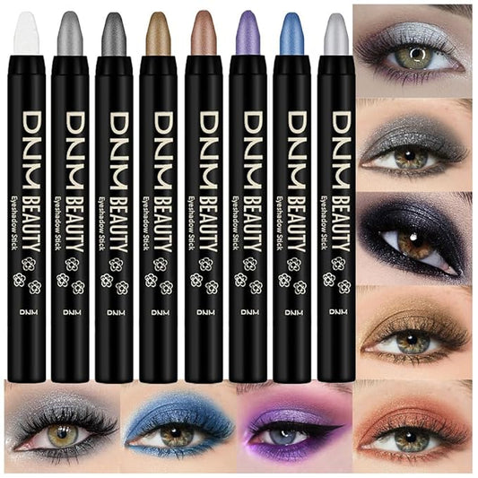 8Pcs Cream Eye Shadow Brightener Sticks Set for Eyes, Pearl White Smokey Black Gray Khaki Royal Blue Violet Purple Silver, Halloween Makeup, Matte Shimmer Eye Shadow Pencil Pen Crayon Waterproof 01