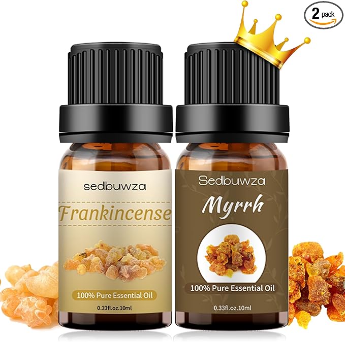 Sedbuwza Myrrh Frankincense Essential Oil Set, Myrrh Fragrance Oil Frankincense Scent Oil Set for Diffuser, Aromatherapy, Massage, Soap, Candle Making 2 x 10 ml