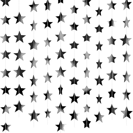 Patelai 130 Feet Glitter Star Garland Banner Decoration Hanging String Star New Year Eve Party Supplies Gold Black Party Decor for 2026 New Year Valentines Wedding Birthday (Black)