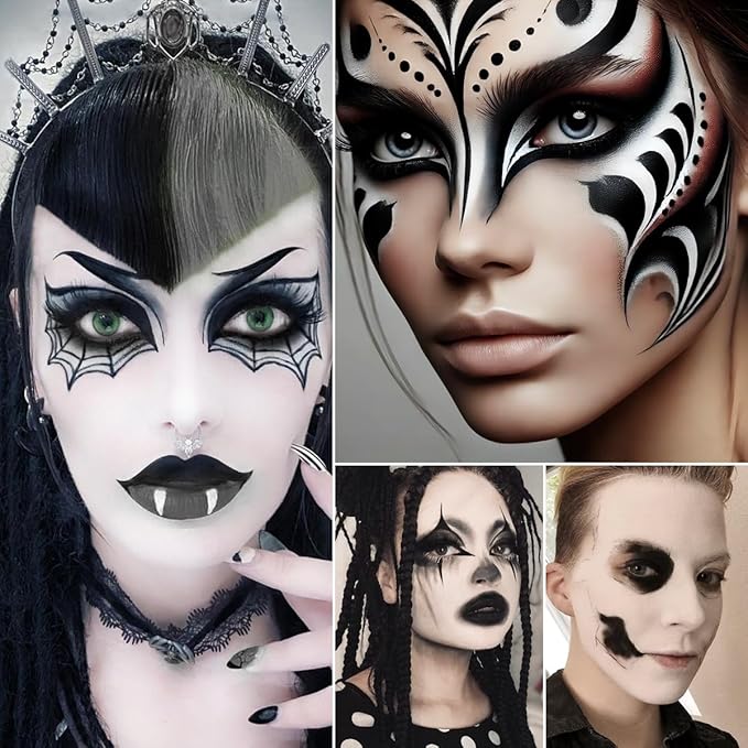 Goth Makeup Palette, Black White Duo Matte Pressed Powder Eyeshadow Palette for Smoky Gothic Makeup, High Pigmented Long Last Concealer Foundation Pallet for Halloween Skeleton Clown SFX Costume Joker