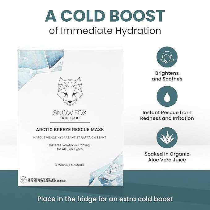 Snow Fox Arctic Breeze Rescue Sheet Mask with Peppermint & Aloe Vera – Cooling Face Mask to Calm & Revitalize Skin and Refresh after Travel – Hydrating Facial Skin Care for all Types – 1 Pack