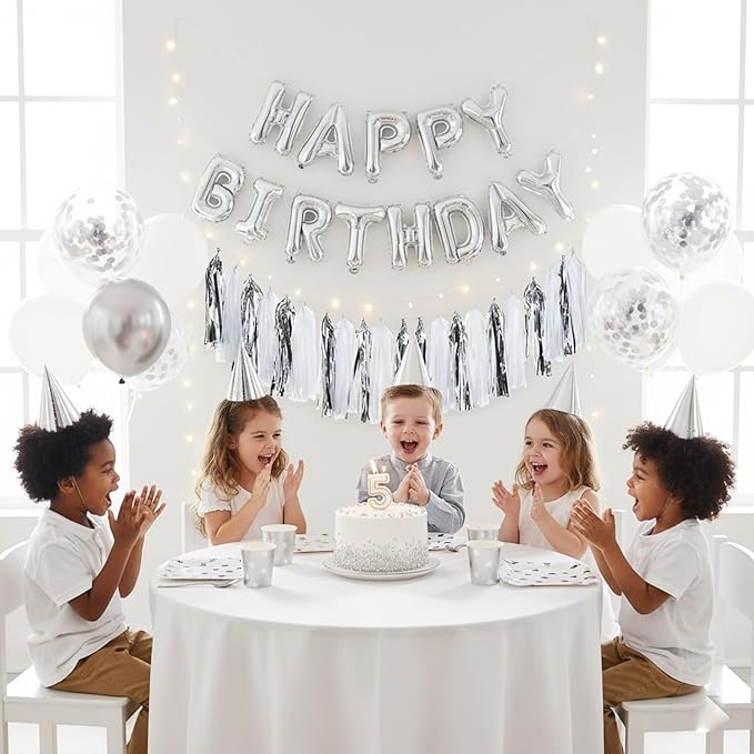 Silver and White Tassel Garland,Paper Tassel Banner,Table Decor,White Silver Tissue Tassels Party Decor Supplies for Party,DIY Kits - (20 PCS)