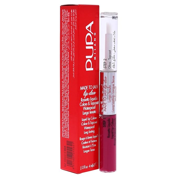 PUPA Milano Made To Last Lip Duo - Smudge-Proof Lip Color And Gloss - Highly Pigmented Shades - One Swipe Color Payoff - Gives Unrivaled Glassy Effect - Long Lasting - 004 Geranium Fuchsia - 0.13 Oz