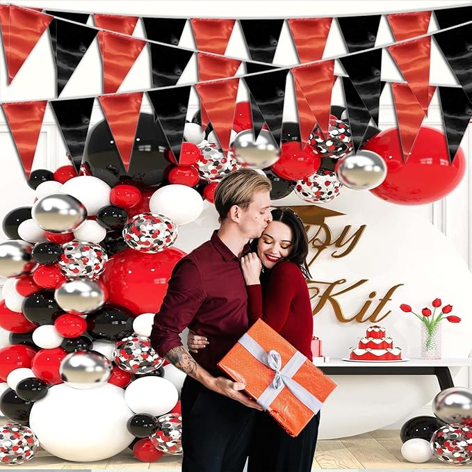 65FT Red Black Triangle Pennant Banner Flag Metallic Fabric Bunting Garland for Christmas Graduation Bachelorette Anniversary Birthday Engagement Wedding Anniversary Casino Party Decorations Supplies