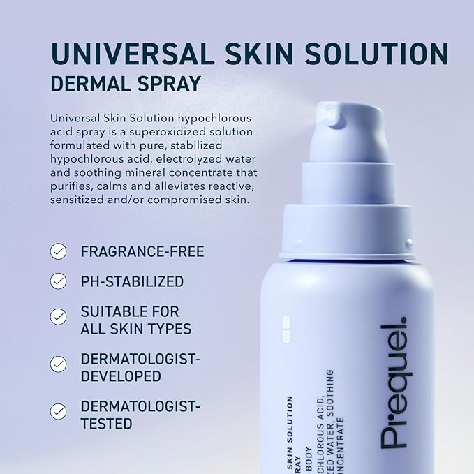 Prequel Skin Universal Skin Solution Hypochlorous Acid Spray for Face and Body. HOCL Facial Cleanser and Dermal Spray with Electrolyzed Water and Mineral Complex. pH-Stabilized Skin Care. 4oz